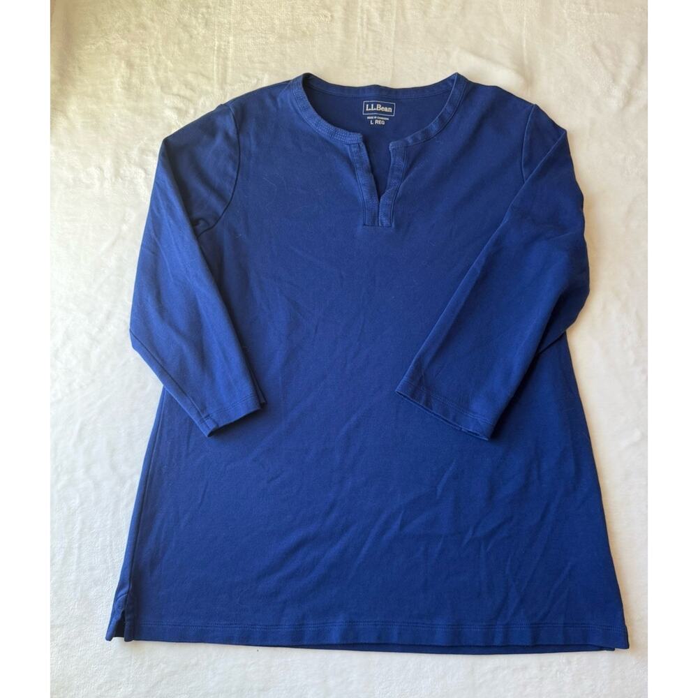 L.L. Bean Blue Knit Casual Minimalist Shirt Long Sleeve Solid Cotton Size L